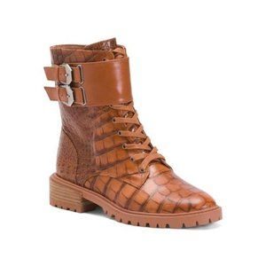 VINCE CAMUTO Leather Fawdry Combat Booties - 6.5 - Croc Embossed